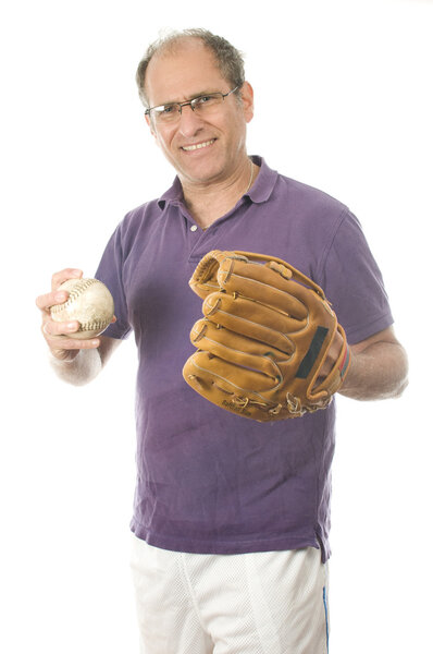 middle age senior man softball throwing into baseball glove on white background