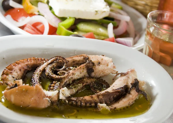 Marinated octopus greek salad house wine Greek Islands — Stock Photo, Image