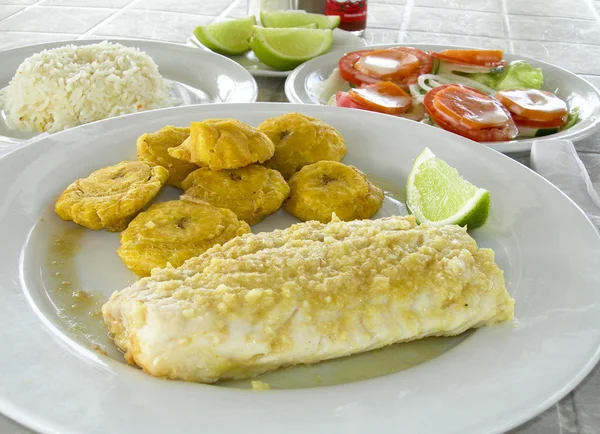 Filete de pescado fresco con tostones Corn Island Nicarauga — Foto de Stock