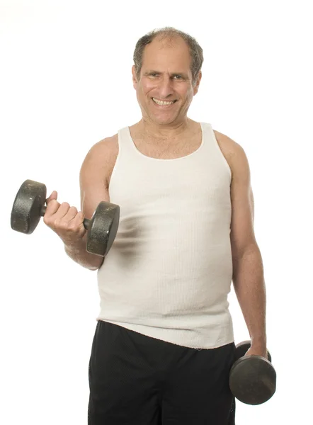 Middle age senior man working out with dumbbell weights — Stock Photo, Image