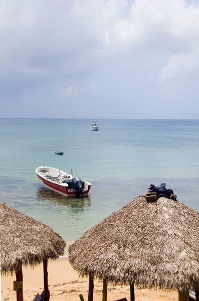 Playa techo de paja restaurante cabañas con barco de pesca Mar Caribe —  Fotos de Stock