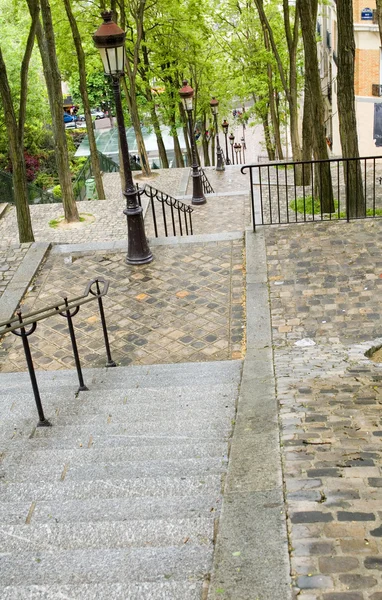 Kaklade steg butte promenad upp till toppen av basilikan sacre coeur heliga — Stockfoto