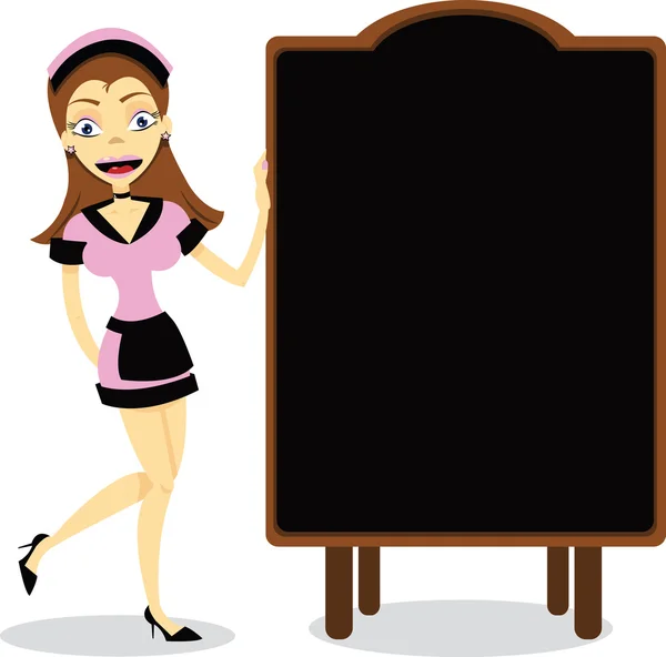 女服务员和空白的黑板 — 图库矢量图片