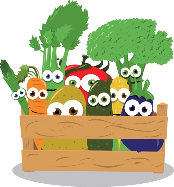 Funny Veggies in a Wooden Box — Stock Vector