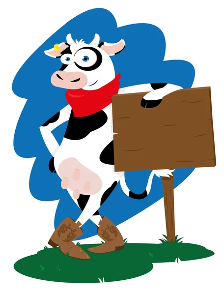 Vaca divertida y letrero de madera — Vector de stock