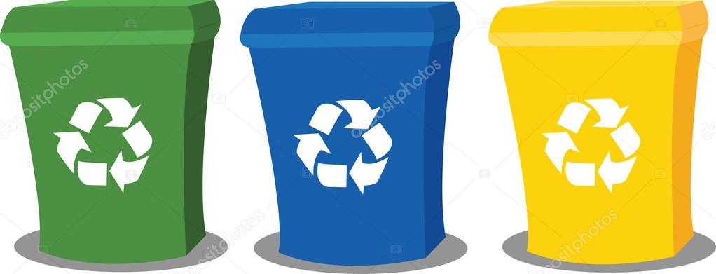 A vector cartoon representing three recycling bins in different colours