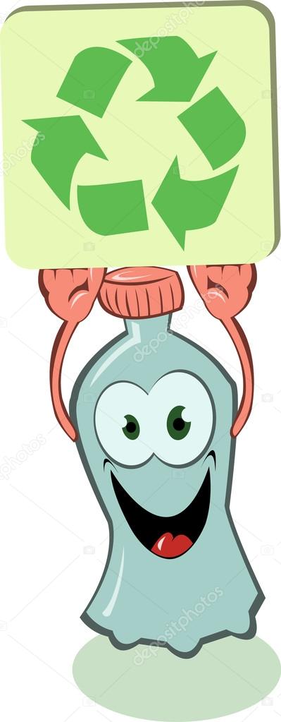A funny bottle keeping a sing with recycling logo