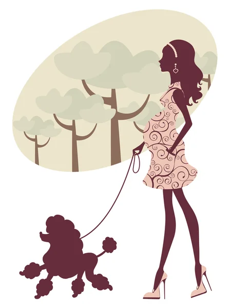 Beautiful pregnant lady walking with her poodle — Stock Photo, Image