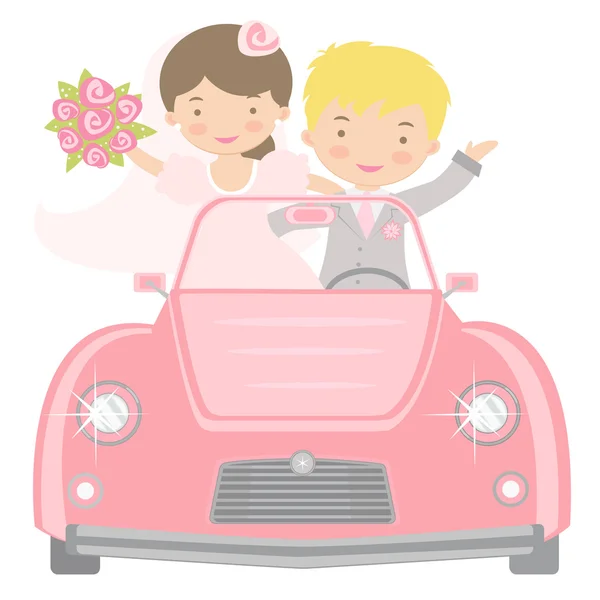 かわいい花嫁および新郎ハネムーンに運転 — ストックベクタ