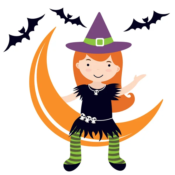 Little witch sitting on moon — Stock Vector