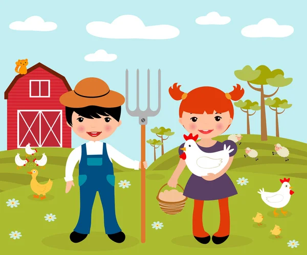 Lindos granjeros en granja — Vector de stock