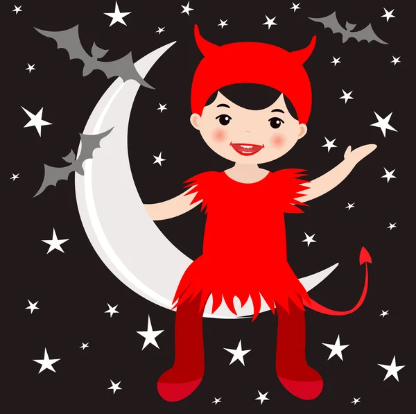 Cute devil sitting on the moon — Stock Vector