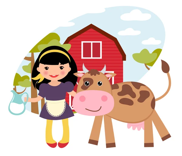 Chica y vaca en la granja — Archivo Imágenes Vectoriales