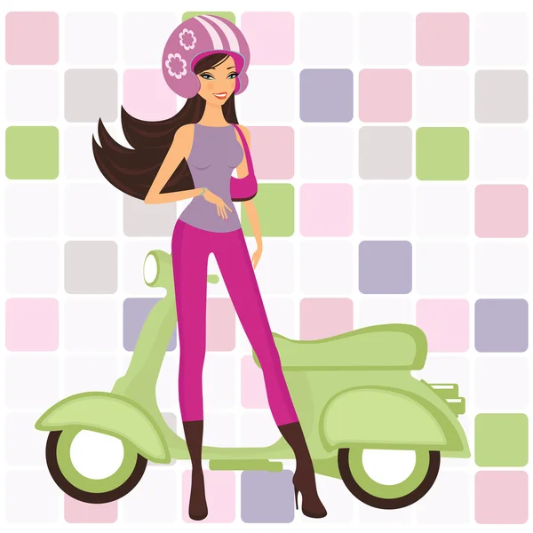 Joven hermosa mujer con scooter — Archivo Imágenes Vectoriales