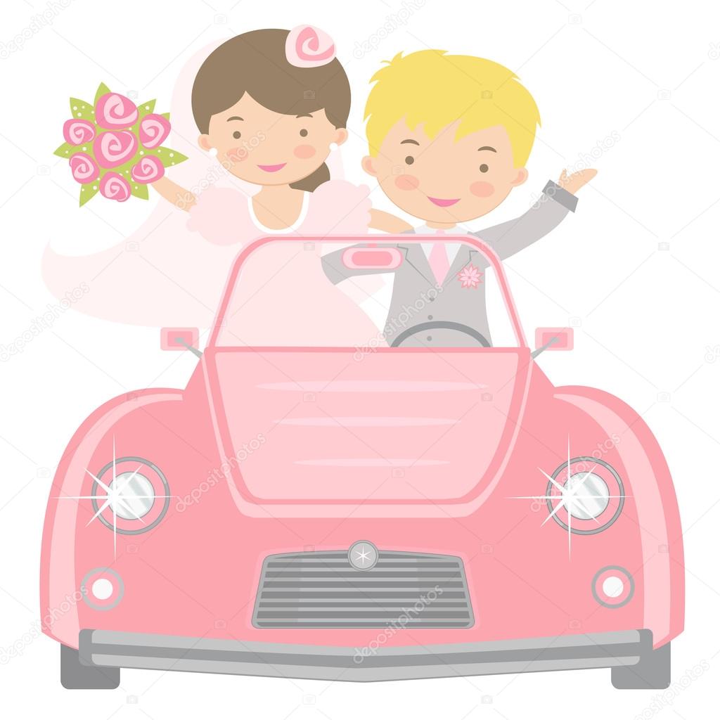 Cute bride and groom driving to honeymoon