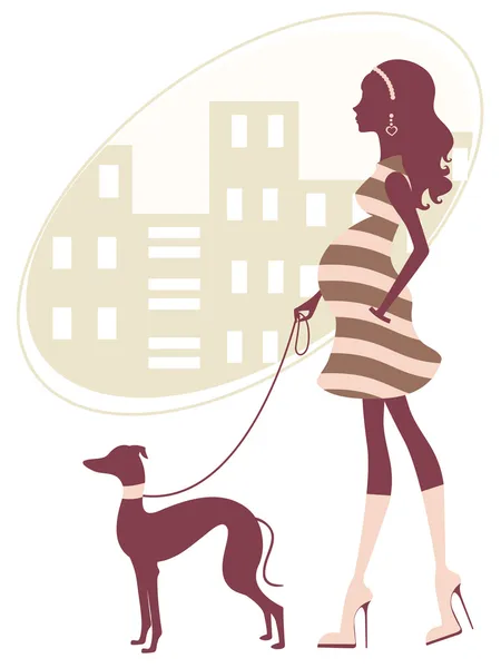 Beautiful pregnant woman walkig with grayhound — Stock Vector