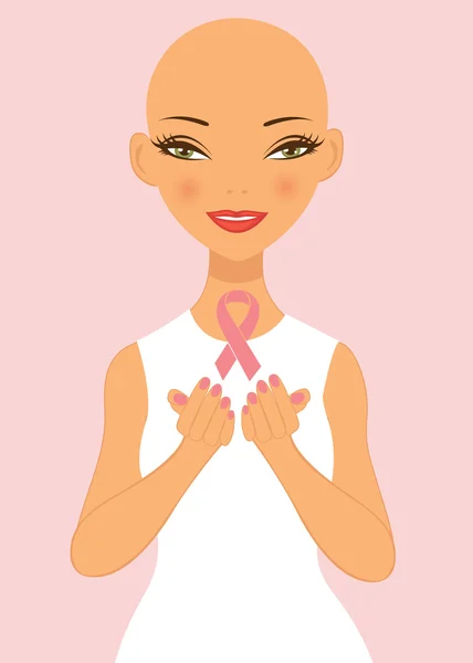 Breast cancer awareness lady holding pink ribbon — Stock Vector