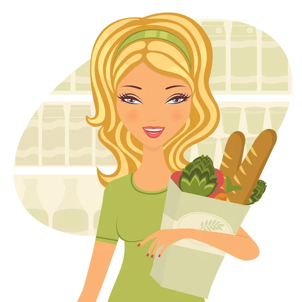 Joven hermosa mujer comprando comida saludable — Vector de stock