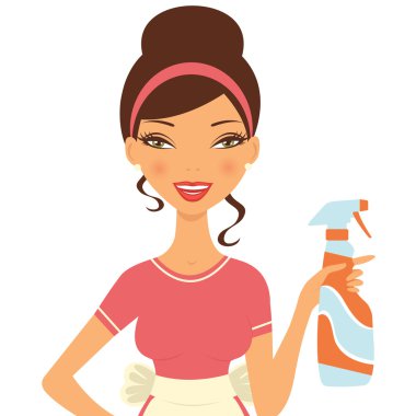 Beautiful woman cleaning with detergent spray clipart