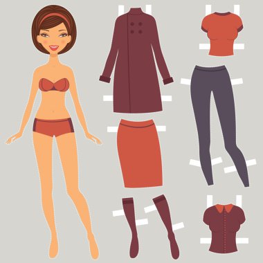 Beautiful paper doll with autumn wardrobe clipart