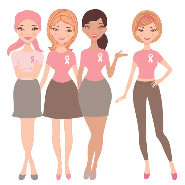 Vier vrouwen het dragen van borst kanker wareness lint t-shirts — Stockvector