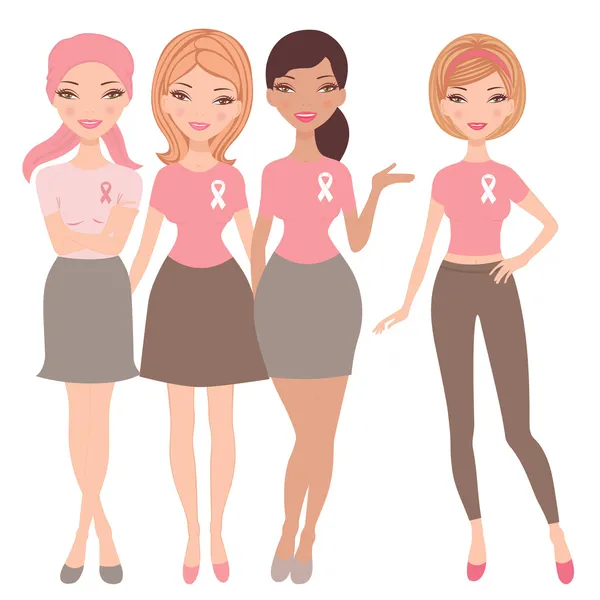 Four women wearing breast cancer wareness ribbon t-shirts — Stock Vector