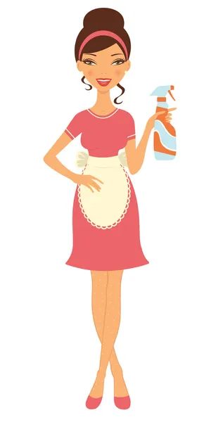 Beautiful housewife holding cleaning spray — Stock Vector