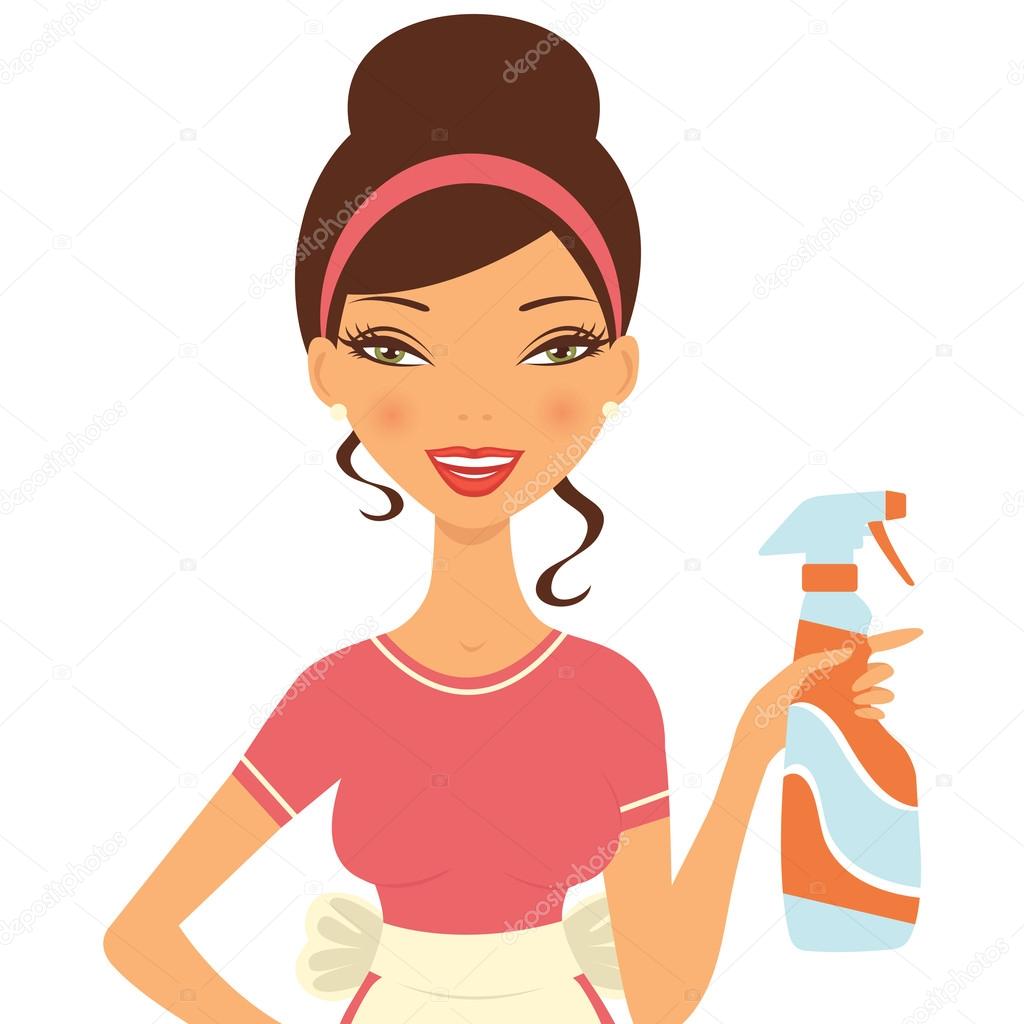 Beautiful woman cleaning with detergent spray
