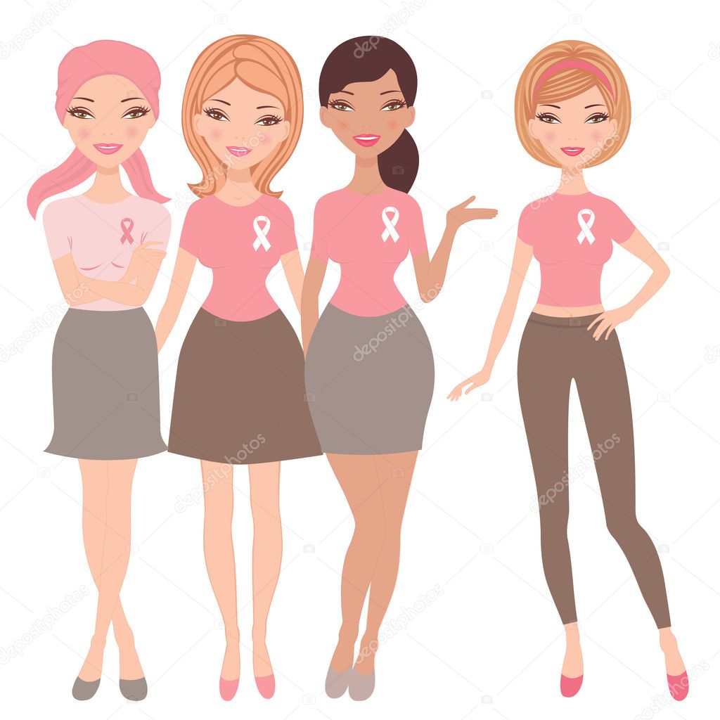 Four women wearing breast cancer wareness ribbon t-shirts