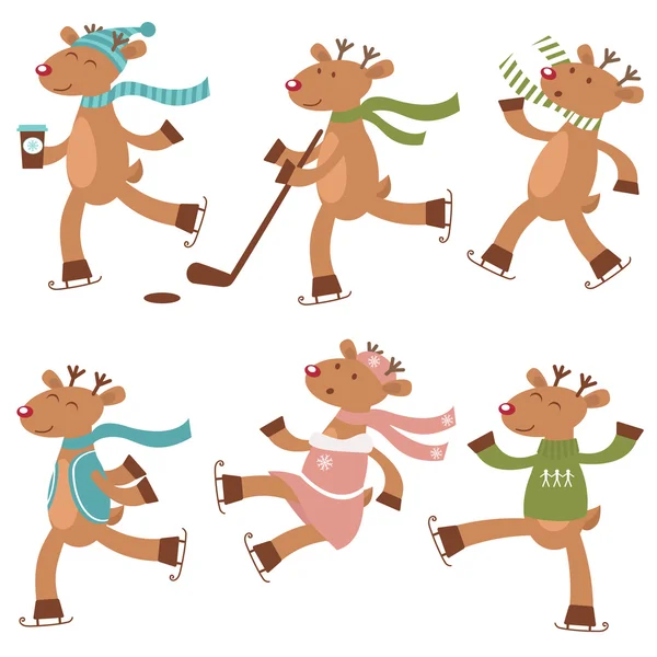 Cute ice skating deers set — Stock Vector