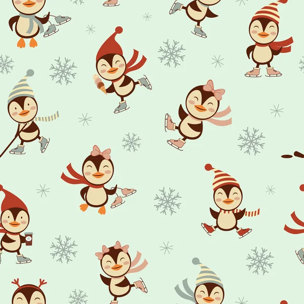 Pingouins de patinage sur glace motif sans couture — Image vectorielle