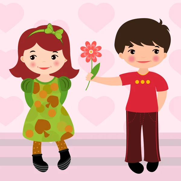 Niño dando flor a una chica para el día de San Valentín — Vector de stock