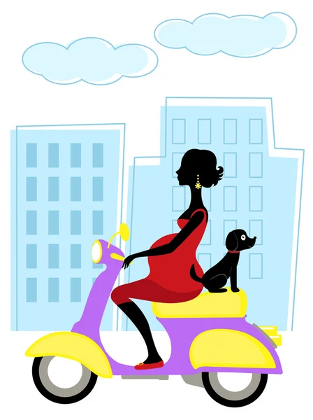 Femme enceinte sur scooter avec petit chien — Image vectorielle
