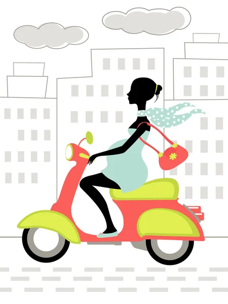 Mujer embarazada montando scooter en la ciudad — Vector de stock