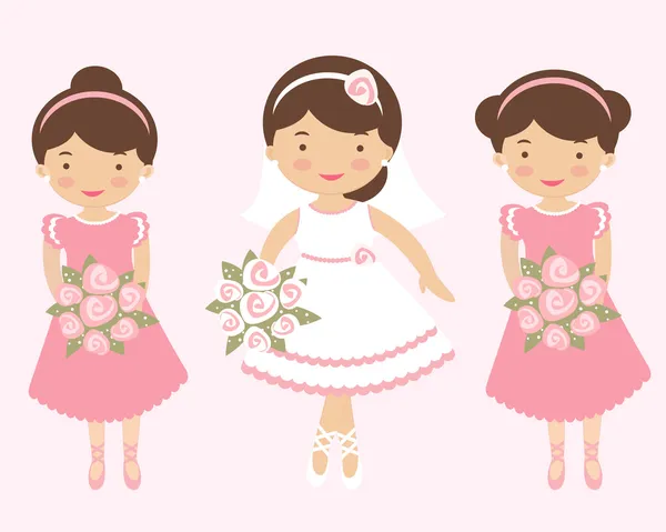 Beautiful bride with two bridesmaids — Stock Vector
