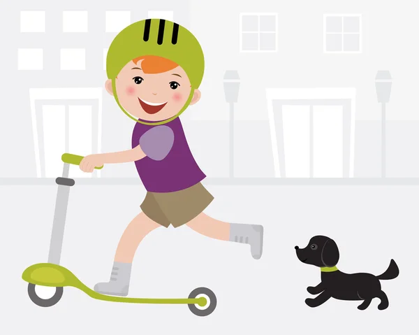 Мальчик на скутере играет со своей собачкой — стоковый вектор