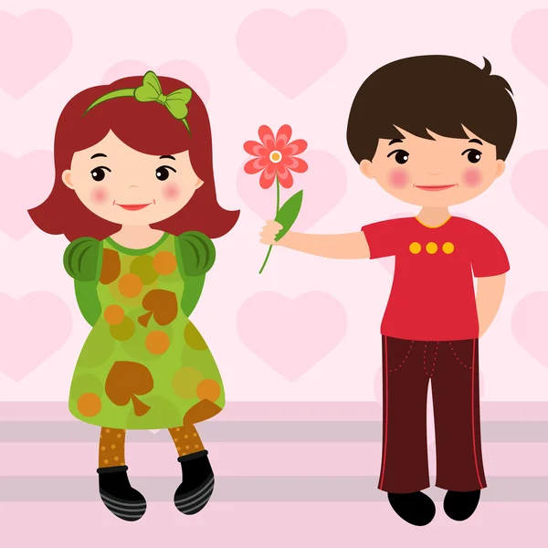 Ragazzo che dà fiori a una ragazza per San Valentino — Vettoriale Stock