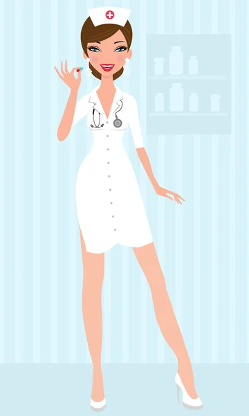 Sexy infirmière tenant pilule — Image vectorielle