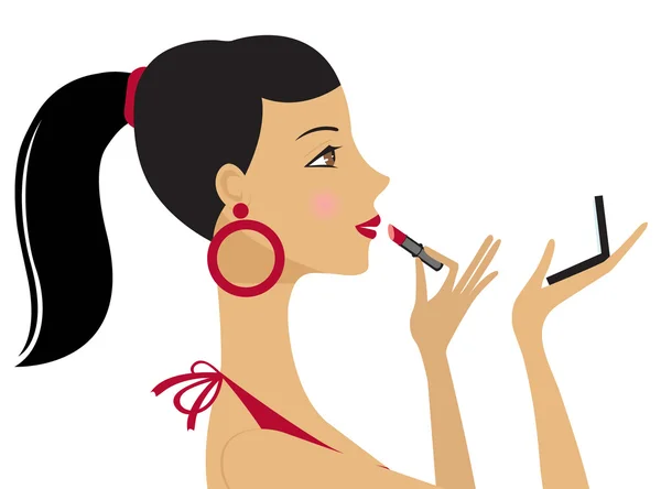 Pretty young woman applying lipstick — Stock Vector