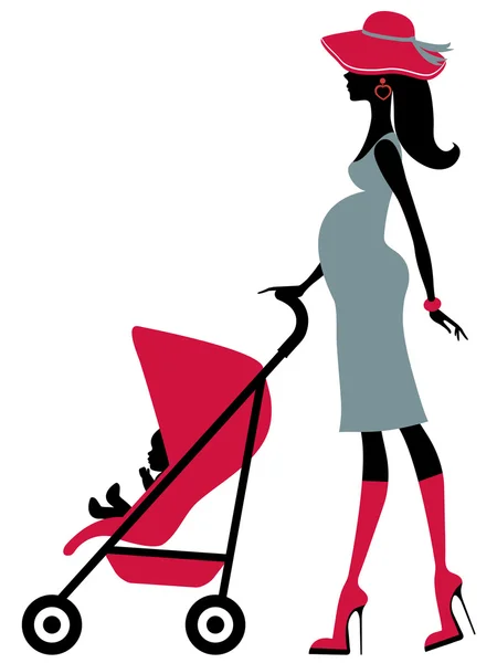 Chick mom-to-be with baby stroller — Stock Vector