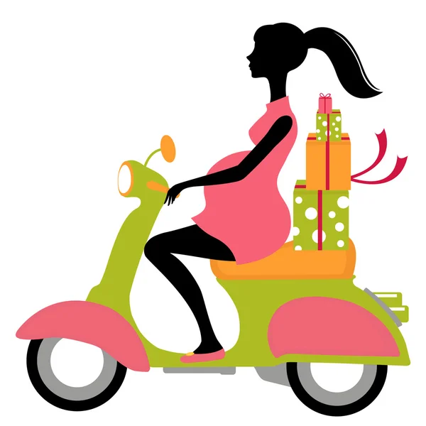 Беременная женщина на скутере с подарками — стоковый вектор