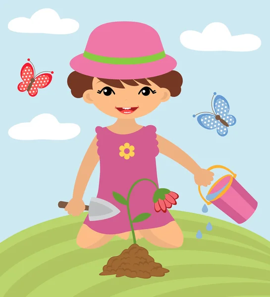 Schattig klein meisje tuinieren — Stockvector