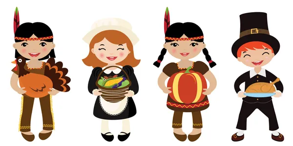 Four kids Piligrims and Indians sharing food for Thanksgiving — Stock Vector