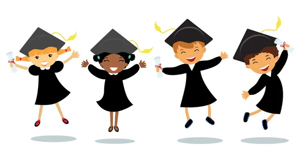 Cute happy little graduates jumping — Stock Vector