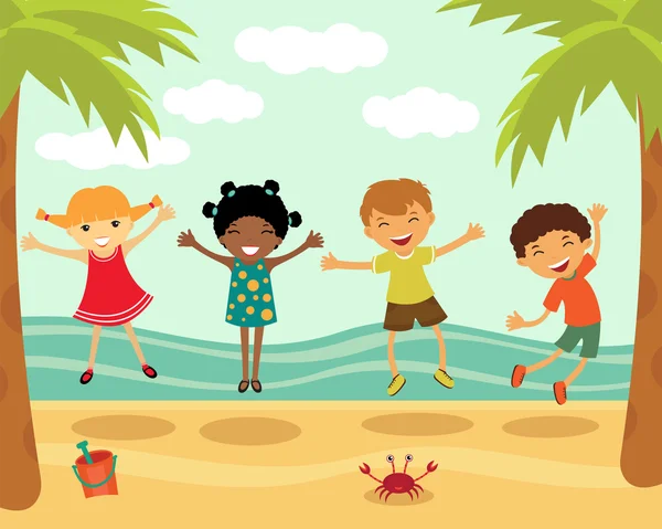 幸せな子供たちはビーチでジャンプ — ストックベクタ