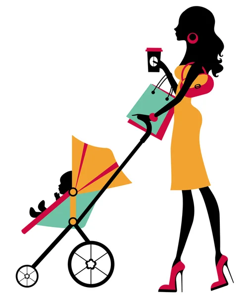 Chick fashion mom shopping with her baby in a stroller — Stock Vector