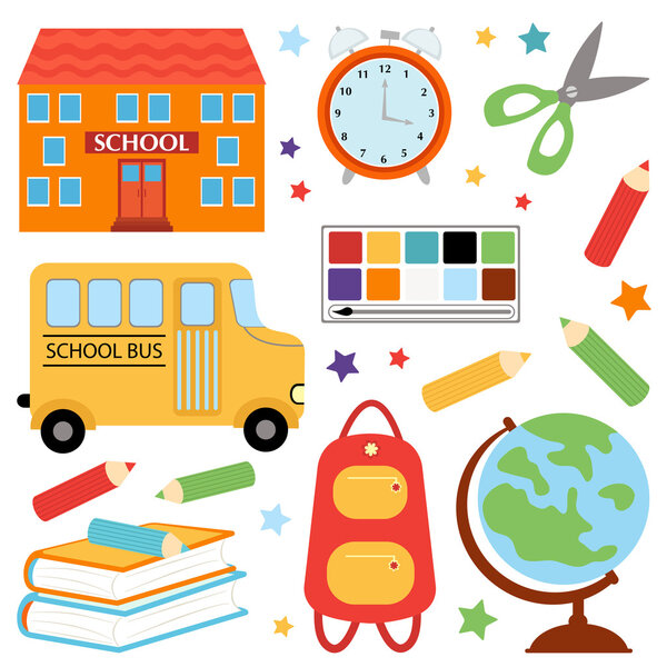 An illustration of colorful school icons