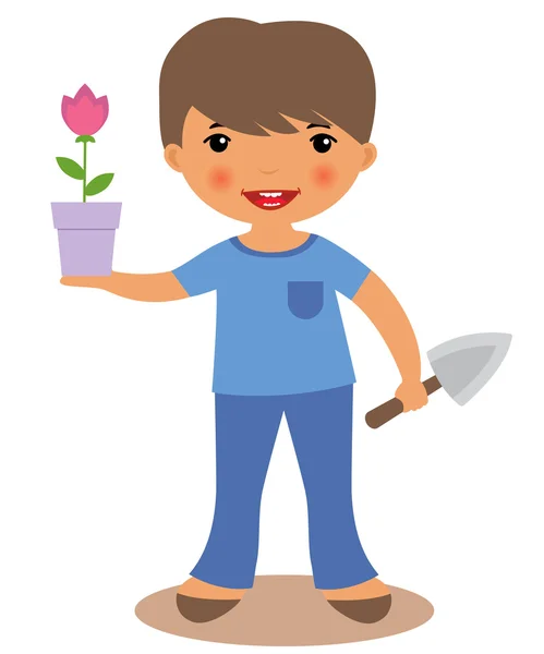 Cute little boy gardening — Stock Vector