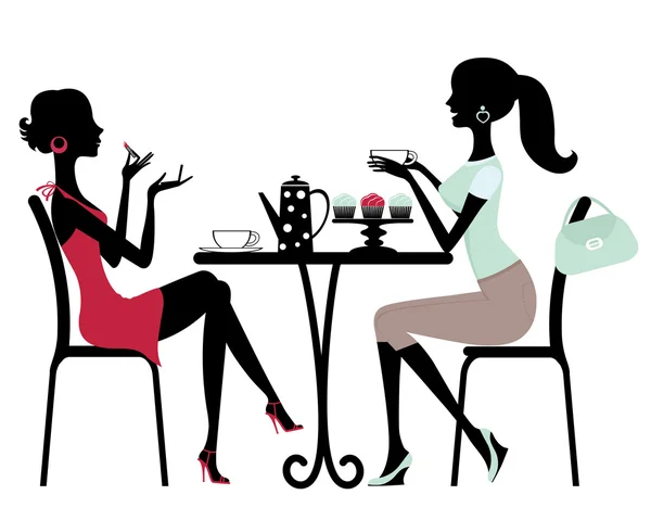 Two beautiful women sitting in a cafe — Stock Vector