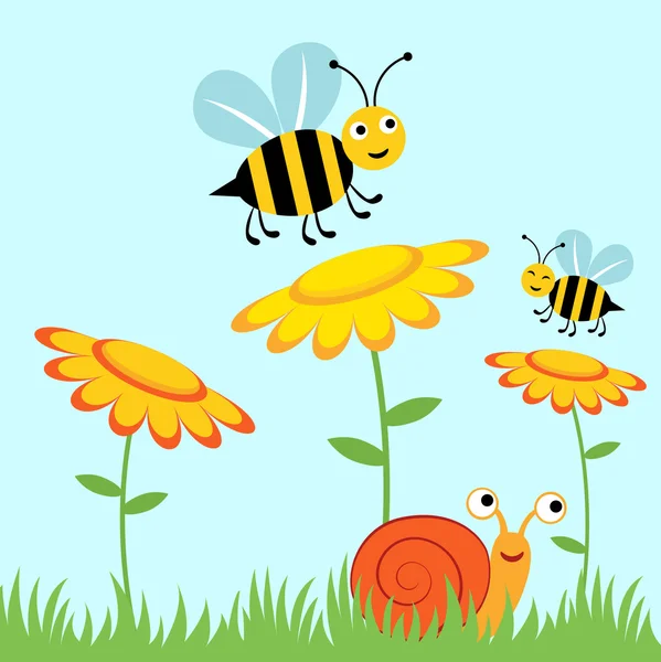 Abejas felices y caracol — Vector de stock